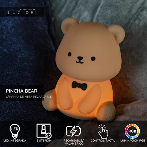 Lucide PINCHA BEAR - Lámpara de mesa Recargable Infantil - Batería/acumulador - LED 3 StepDim - 1x0,5W 2100K - RGB - Marrón | Essential - USP